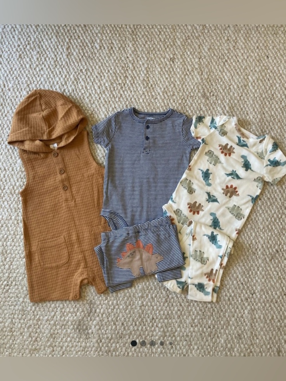 NWT 12M Cotton Dino & Stripe Bodysuit Set with Waffle Hooded Romper